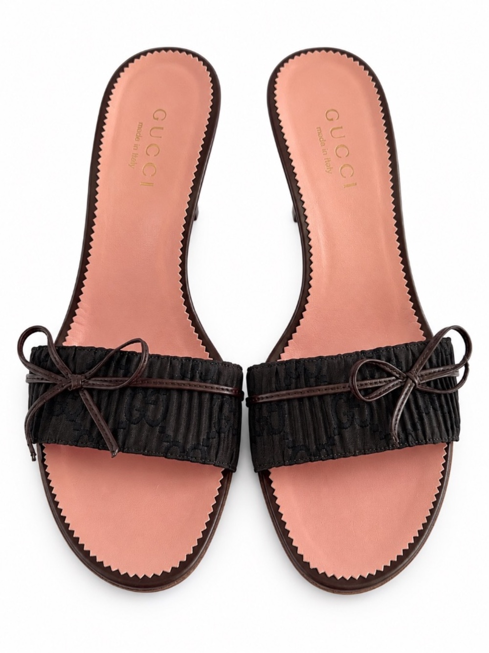 Vintage Gucci GG Monogram Brown Bow Kitten Heel Mules Sandals 7B